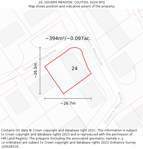24, GOVERS MEADOW, COLYTON, EX24 6PG: Plot and title map