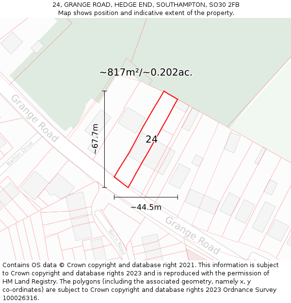 24, GRANGE ROAD, HEDGE END, SOUTHAMPTON, SO30 2FB: Plot and title map