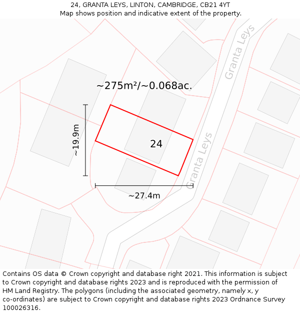 24, GRANTA LEYS, LINTON, CAMBRIDGE, CB21 4YT: Plot and title map