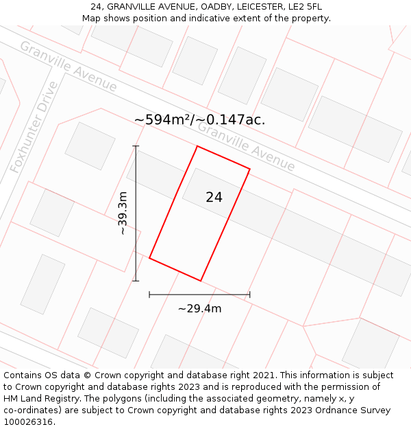 24, GRANVILLE AVENUE, OADBY, LEICESTER, LE2 5FL: Plot and title map