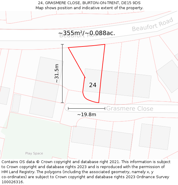 24, GRASMERE CLOSE, BURTON-ON-TRENT, DE15 9DS: Plot and title map