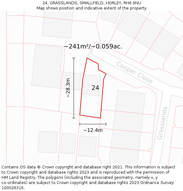 24, GRASSLANDS, SMALLFIELD, HORLEY, RH6 9NU: Plot and title map