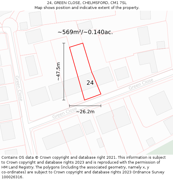 24, GREEN CLOSE, CHELMSFORD, CM1 7SL: Plot and title map