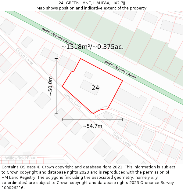 24, GREEN LANE, HALIFAX, HX2 7JJ: Plot and title map