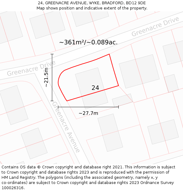 24, GREENACRE AVENUE, WYKE, BRADFORD, BD12 9DE: Plot and title map