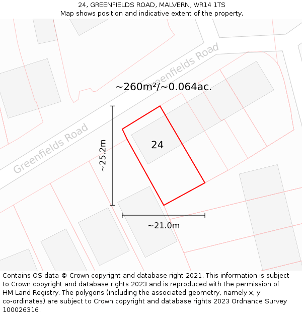 24, GREENFIELDS ROAD, MALVERN, WR14 1TS: Plot and title map