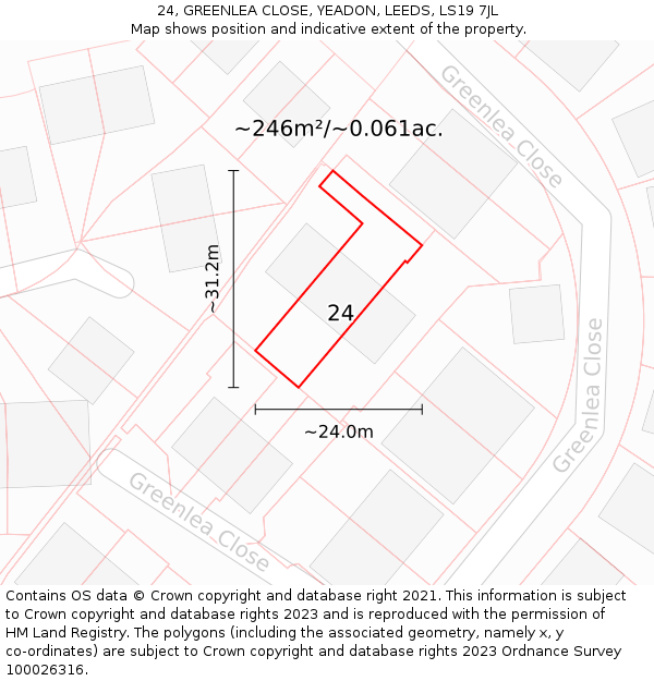 24, GREENLEA CLOSE, YEADON, LEEDS, LS19 7JL: Plot and title map