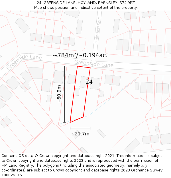 24, GREENSIDE LANE, HOYLAND, BARNSLEY, S74 9PZ: Plot and title map