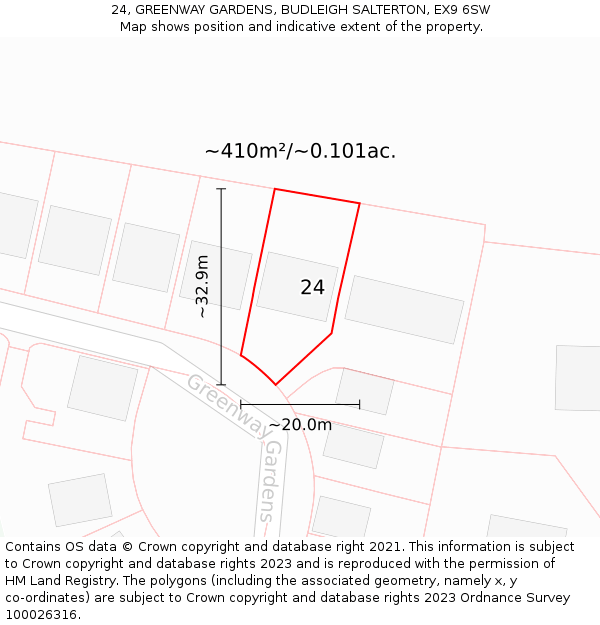 24, GREENWAY GARDENS, BUDLEIGH SALTERTON, EX9 6SW: Plot and title map