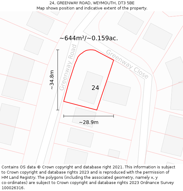 24, GREENWAY ROAD, WEYMOUTH, DT3 5BE: Plot and title map