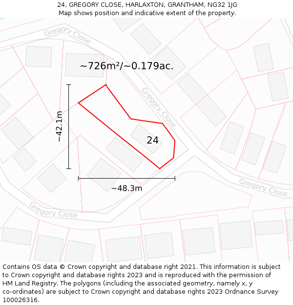 24, GREGORY CLOSE, HARLAXTON, GRANTHAM, NG32 1JG: Plot and title map