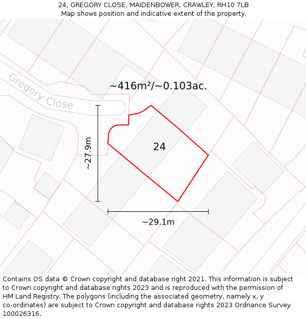 24, GREGORY CLOSE, MAIDENBOWER, CRAWLEY, RH10 7LB: Plot and title map