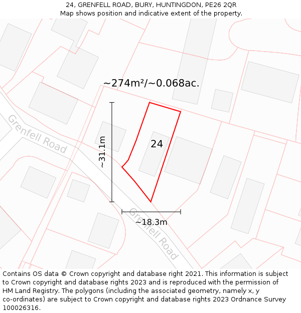 24, GRENFELL ROAD, BURY, HUNTINGDON, PE26 2QR: Plot and title map