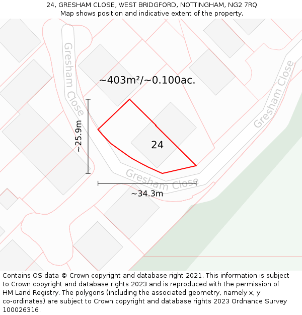 24, GRESHAM CLOSE, WEST BRIDGFORD, NOTTINGHAM, NG2 7RQ: Plot and title map