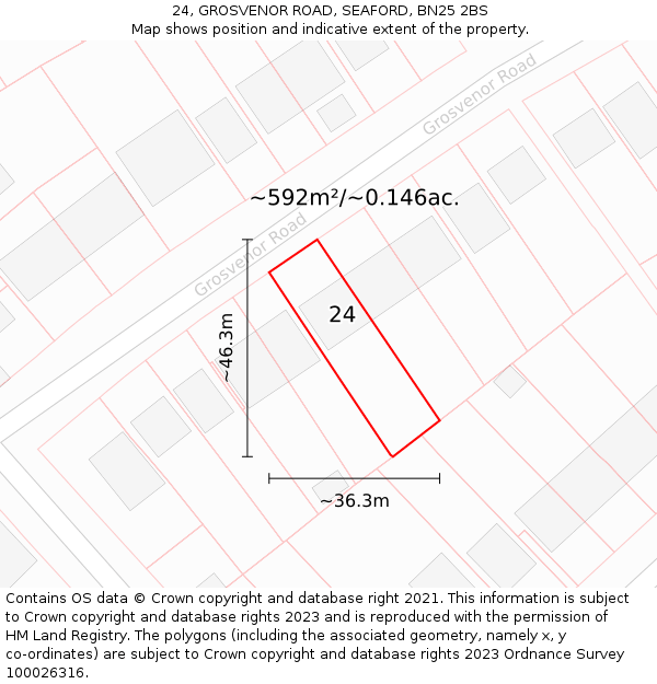 24, GROSVENOR ROAD, SEAFORD, BN25 2BS: Plot and title map