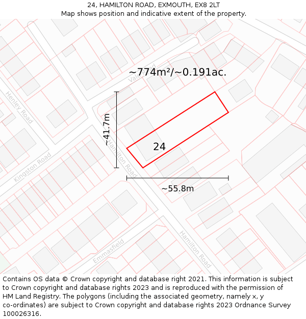 24, HAMILTON ROAD, EXMOUTH, EX8 2LT: Plot and title map