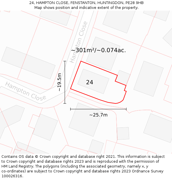 24, HAMPTON CLOSE, FENSTANTON, HUNTINGDON, PE28 9HB: Plot and title map