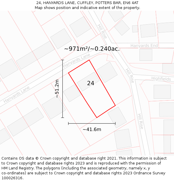 24, HANYARDS LANE, CUFFLEY, POTTERS BAR, EN6 4AT: Plot and title map