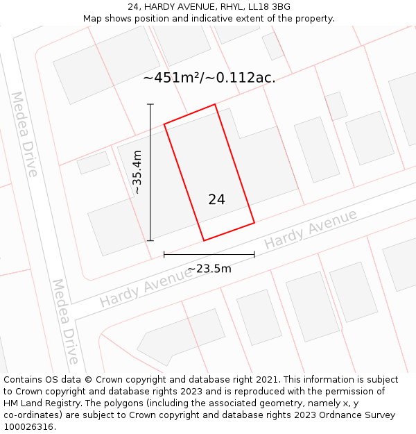 24, HARDY AVENUE, RHYL, LL18 3BG: Plot and title map