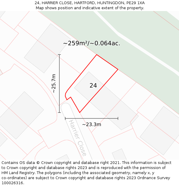 24, HARRIER CLOSE, HARTFORD, HUNTINGDON, PE29 1XA: Plot and title map