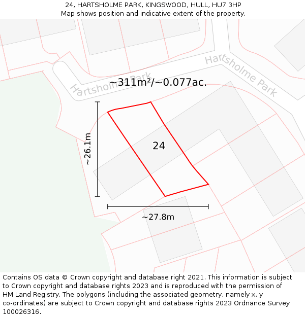 24, HARTSHOLME PARK, KINGSWOOD, HULL, HU7 3HP: Plot and title map