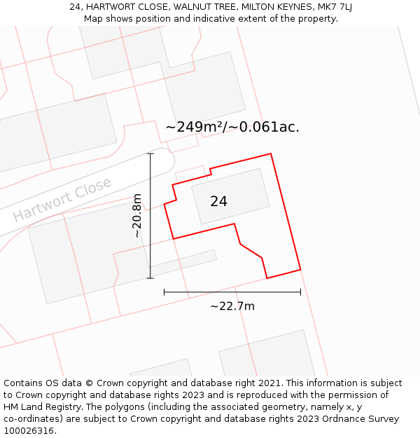 24, HARTWORT CLOSE, WALNUT TREE, MILTON KEYNES, MK7 7LJ: Plot and title map