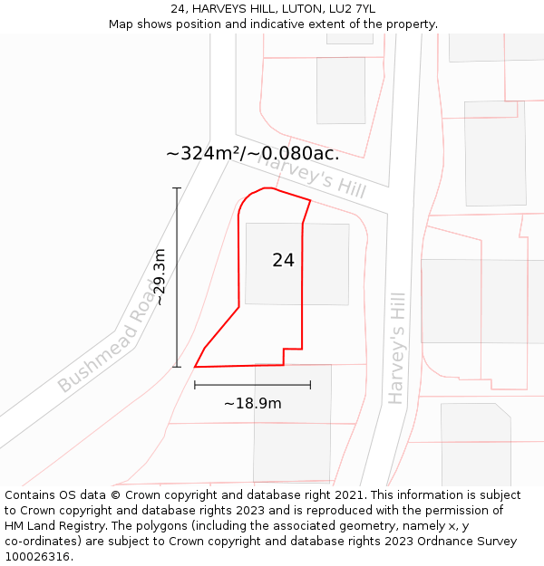 24, HARVEYS HILL, LUTON, LU2 7YL: Plot and title map