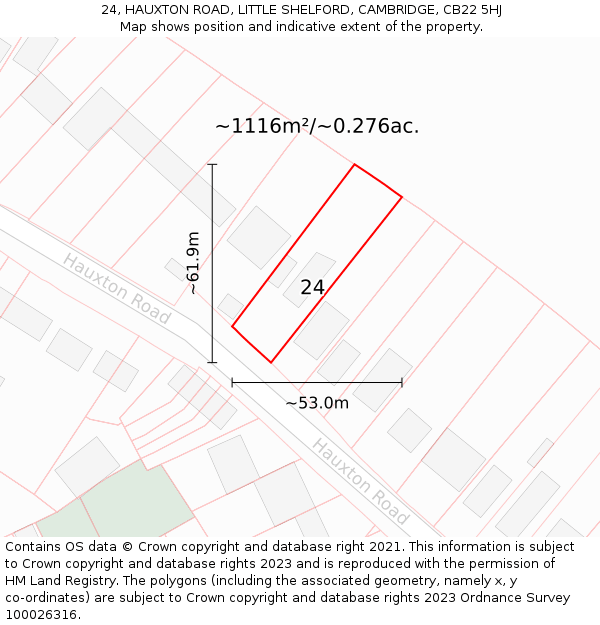 24, HAUXTON ROAD, LITTLE SHELFORD, CAMBRIDGE, CB22 5HJ: Plot and title map