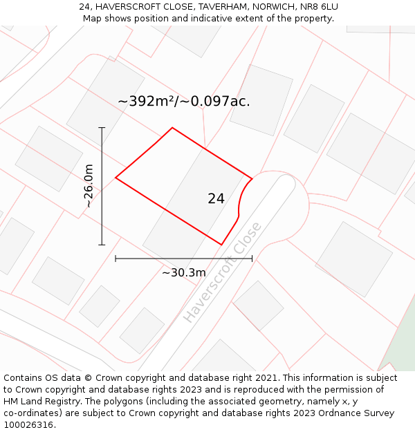 24, HAVERSCROFT CLOSE, TAVERHAM, NORWICH, NR8 6LU: Plot and title map