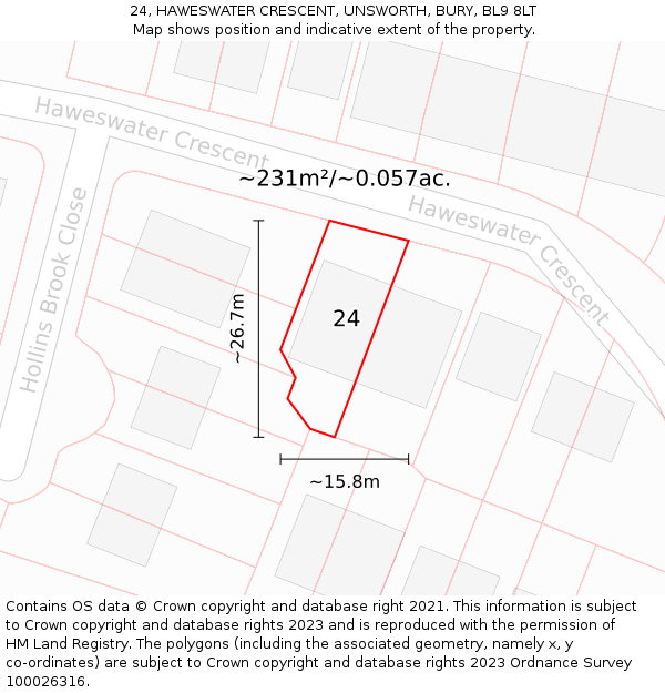 24, HAWESWATER CRESCENT, UNSWORTH, BURY, BL9 8LT: Plot and title map