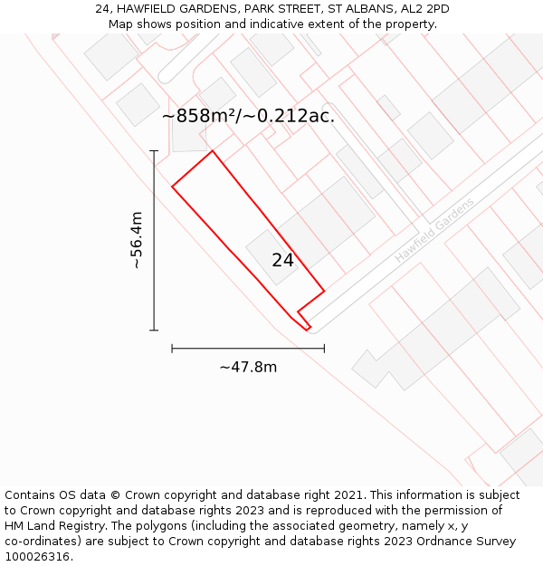 24, HAWFIELD GARDENS, PARK STREET, ST ALBANS, AL2 2PD: Plot and title map