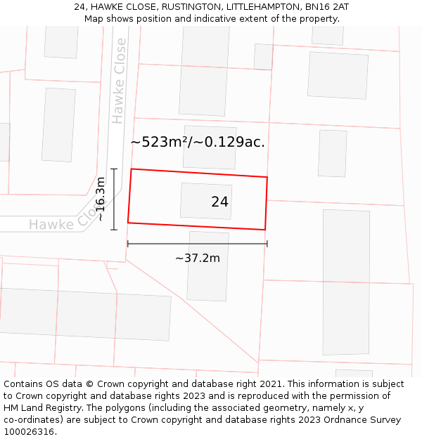 24, HAWKE CLOSE, RUSTINGTON, LITTLEHAMPTON, BN16 2AT: Plot and title map