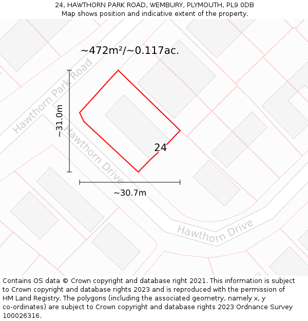 24, HAWTHORN PARK ROAD, WEMBURY, PLYMOUTH, PL9 0DB: Plot and title map