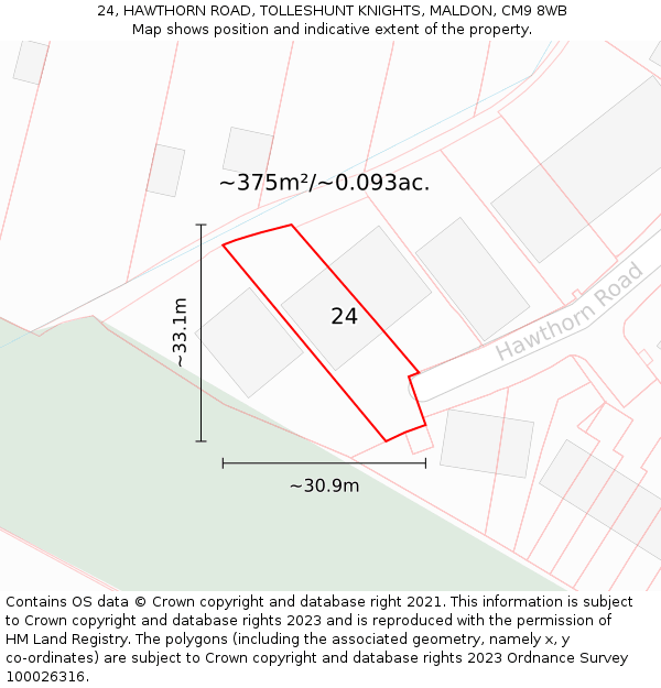 24, HAWTHORN ROAD, TOLLESHUNT KNIGHTS, MALDON, CM9 8WB: Plot and title map