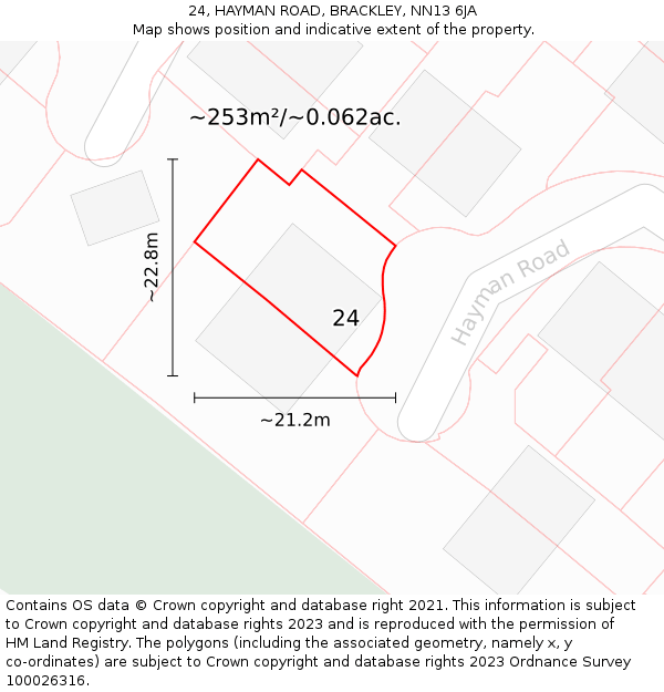 24, HAYMAN ROAD, BRACKLEY, NN13 6JA: Plot and title map