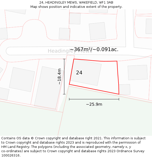 24, HEADINGLEY MEWS, WAKEFIELD, WF1 3AB: Plot and title map