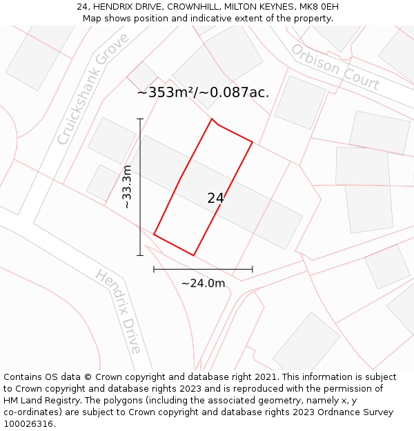 24, HENDRIX DRIVE, CROWNHILL, MILTON KEYNES, MK8 0EH: Plot and title map