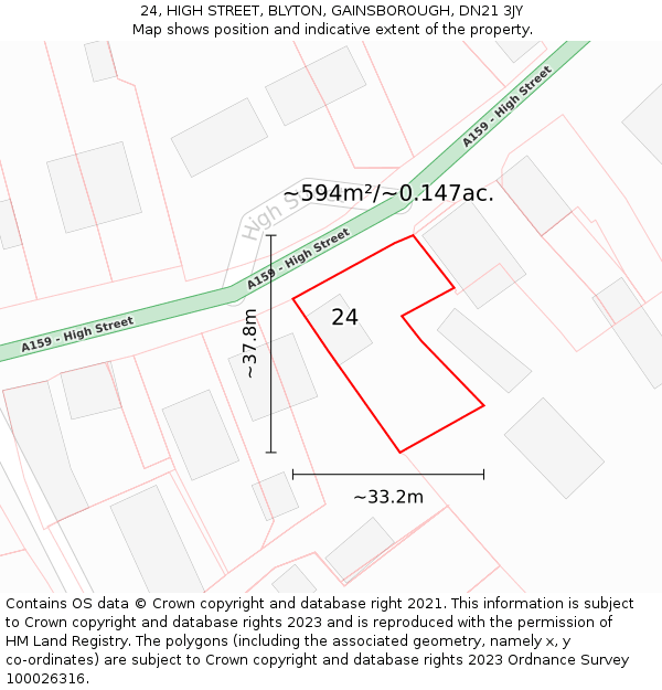 24, HIGH STREET, BLYTON, GAINSBOROUGH, DN21 3JY: Plot and title map