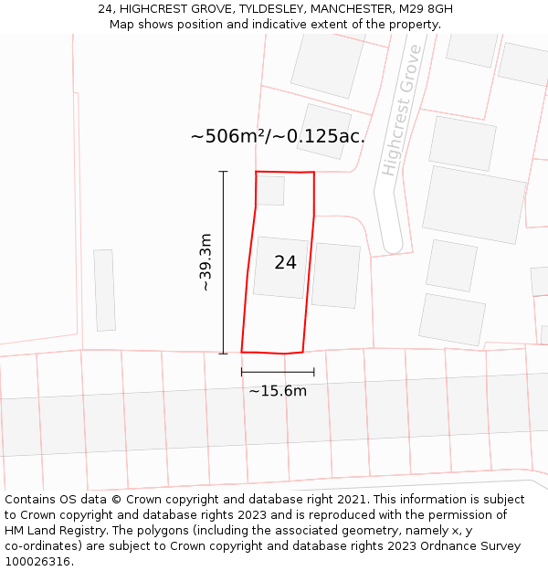 24, HIGHCREST GROVE, TYLDESLEY, MANCHESTER, M29 8GH: Plot and title map