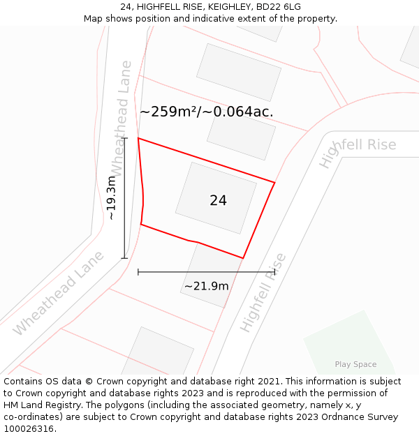 24, HIGHFELL RISE, KEIGHLEY, BD22 6LG: Plot and title map