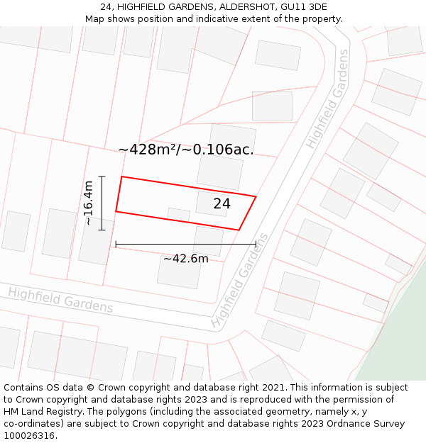 24, HIGHFIELD GARDENS, ALDERSHOT, GU11 3DE: Plot and title map