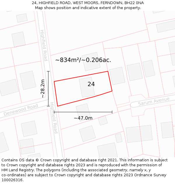 24, HIGHFIELD ROAD, WEST MOORS, FERNDOWN, BH22 0NA: Plot and title map