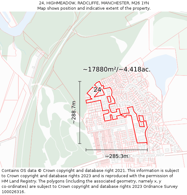24, HIGHMEADOW, RADCLIFFE, MANCHESTER, M26 1YN: Plot and title map