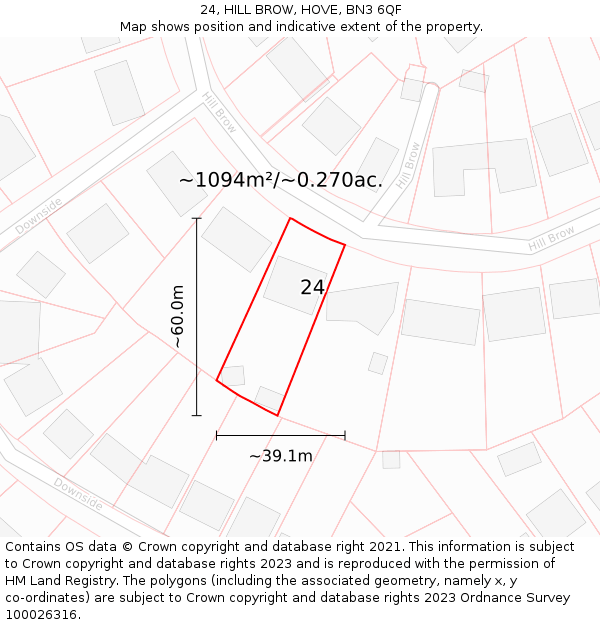 24, HILL BROW, HOVE, BN3 6QF: Plot and title map