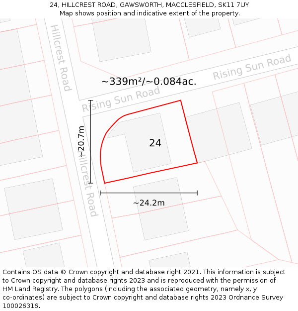 24, HILLCREST ROAD, GAWSWORTH, MACCLESFIELD, SK11 7UY: Plot and title map