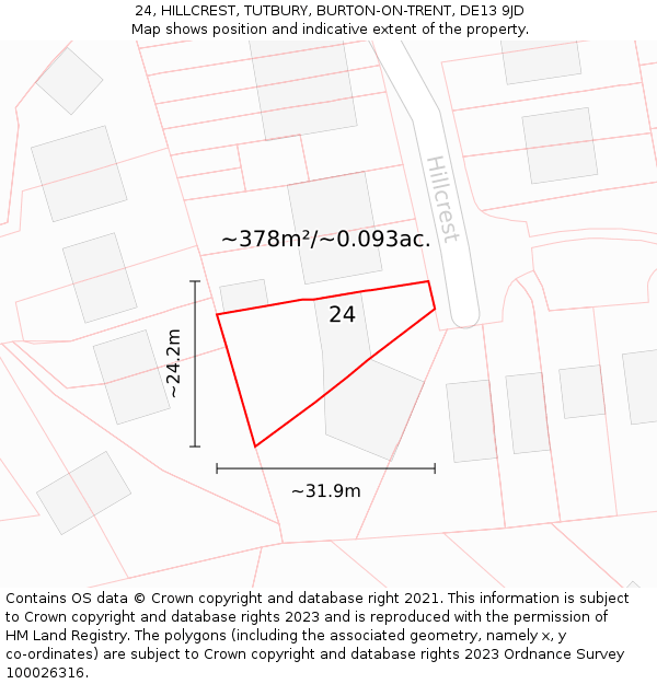 24, HILLCREST, TUTBURY, BURTON-ON-TRENT, DE13 9JD: Plot and title map