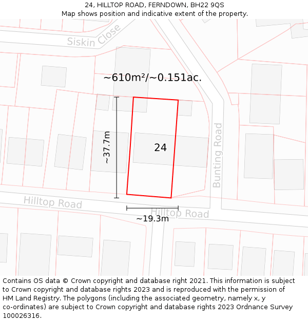 24, HILLTOP ROAD, FERNDOWN, BH22 9QS: Plot and title map