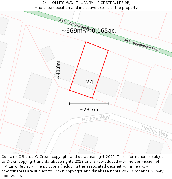 24, HOLLIES WAY, THURNBY, LEICESTER, LE7 9RJ: Plot and title map