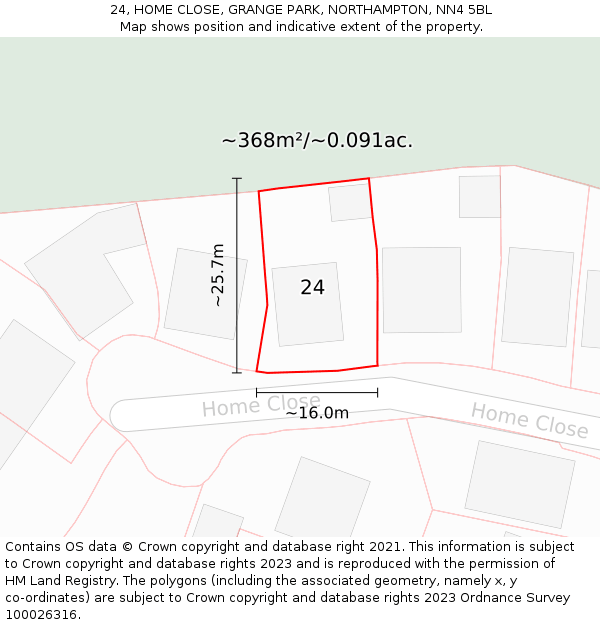 24, HOME CLOSE, GRANGE PARK, NORTHAMPTON, NN4 5BL: Plot and title map