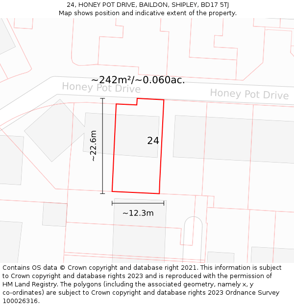 24, HONEY POT DRIVE, BAILDON, SHIPLEY, BD17 5TJ: Plot and title map